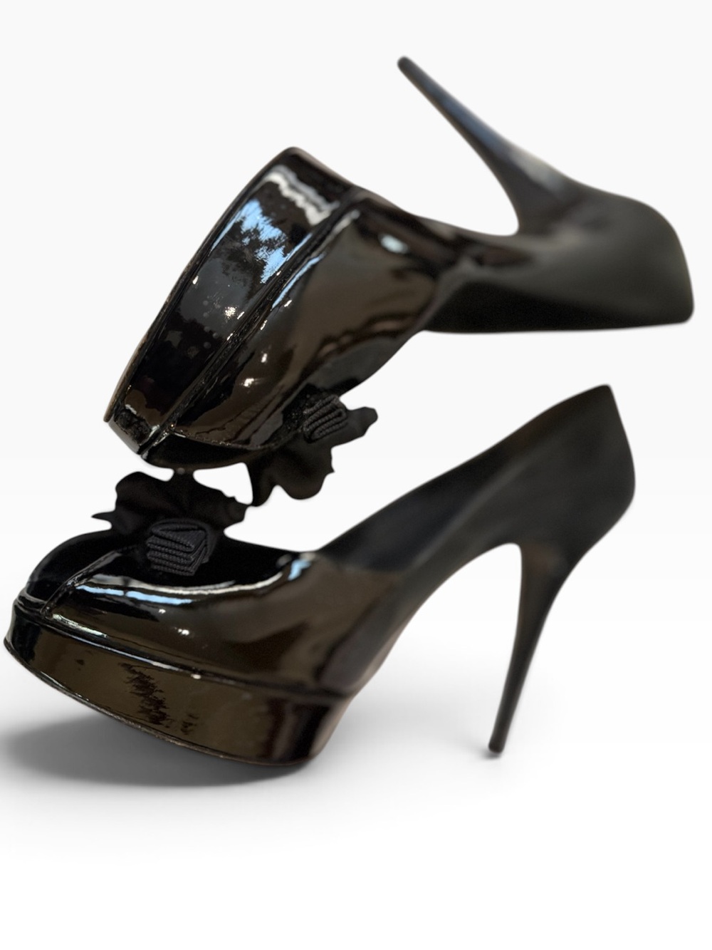 Stuart Weitzman Glossy Black Patent Leather Peep-Toe Platform Pumps with Bow